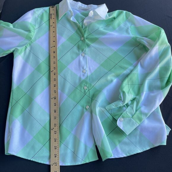 Foxcroft Womens Button Up Shirt Large Diamond Print St Pattys Collared Office - Picture 8 of 9